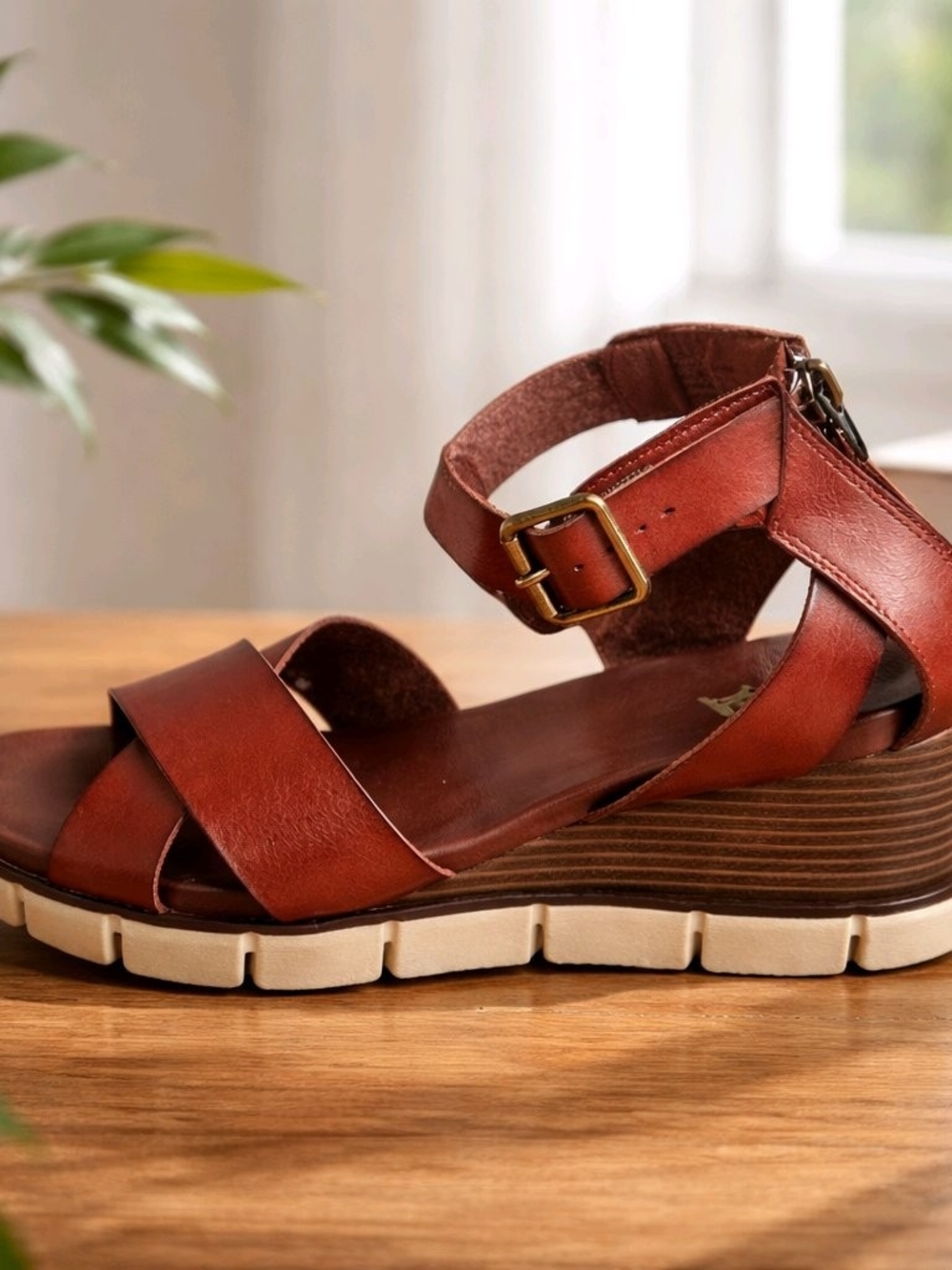 Mia lauri Sandles Cognac Colorway Buckle Zipper Contoured Padded Wedge Flexible